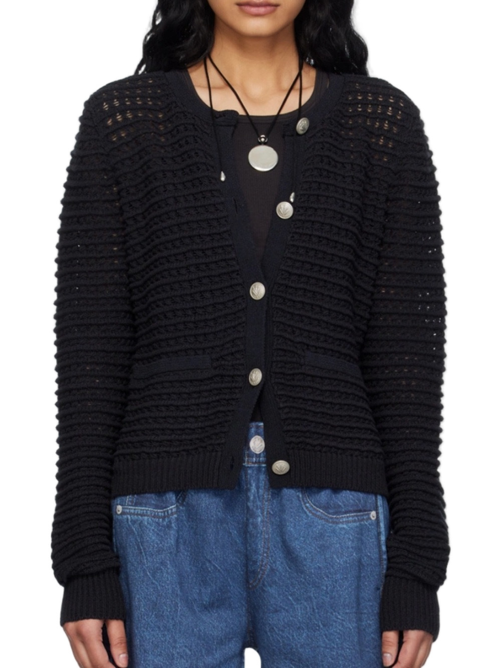 Rag & Bone Marlee Black Knit Cardigan Gold Buttons Organic Cotton L/G - Picture 4 of 14